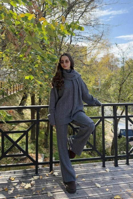 SCARF+SWEATER+TROUSERS BRAIDS KNIT WOMEN SET GREY/GRI - KLAUDIO FASHION