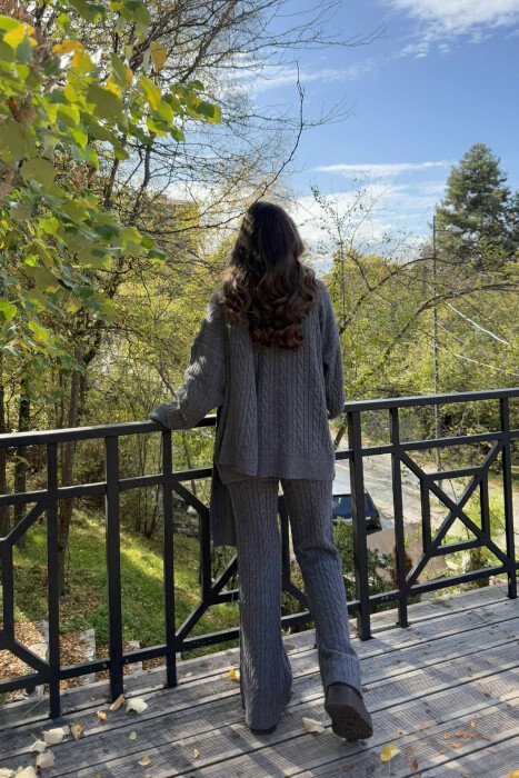 SCARF+SWEATER+TROUSERS BRAIDS KNIT WOMEN SET GREY/GRI - 3