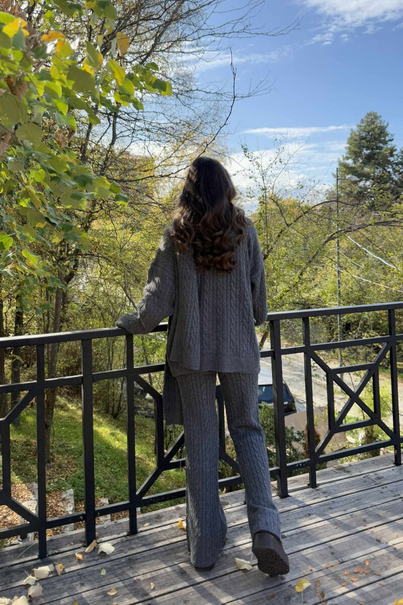 SCARF+SWEATER+TROUSERS BRAIDS KNIT WOMEN SET GREY/GRI - 3