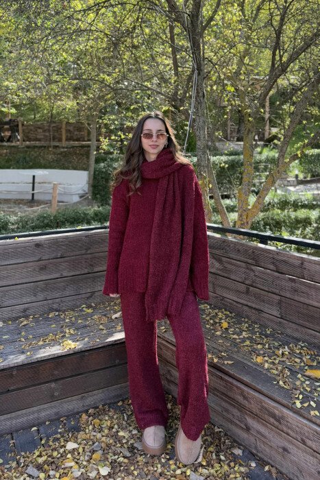 SCARF+SWEATER+TROUSERS THREE PIECE KNIT WOMEN SET BURGUNDY/VISHNJE - KLAUDIO FASHION