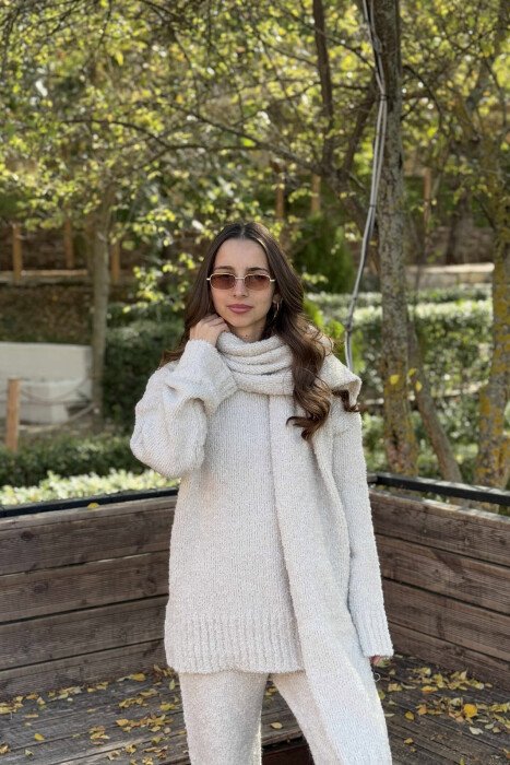 SCARF+SWEATER+TROUSERS THREE PIECE KNIT WOMEN SET CREAM/KREM - 3