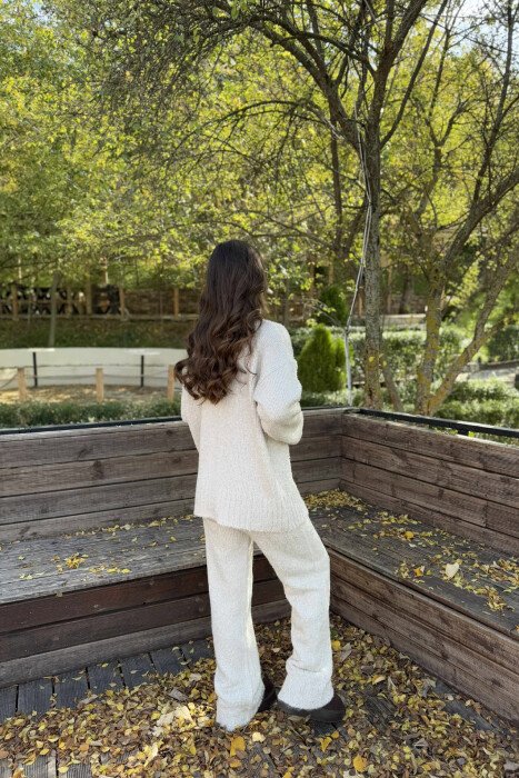SCARF+SWEATER+TROUSERS THREE PIECE KNIT WOMEN SET CREAM/KREM - 2
