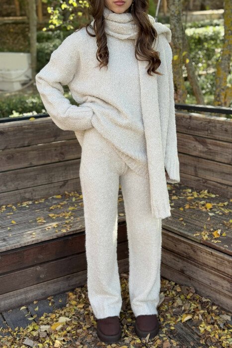 SCARF+SWEATER+TROUSERS THREE PIECE KNIT WOMEN SET CREAM/KREM - 4