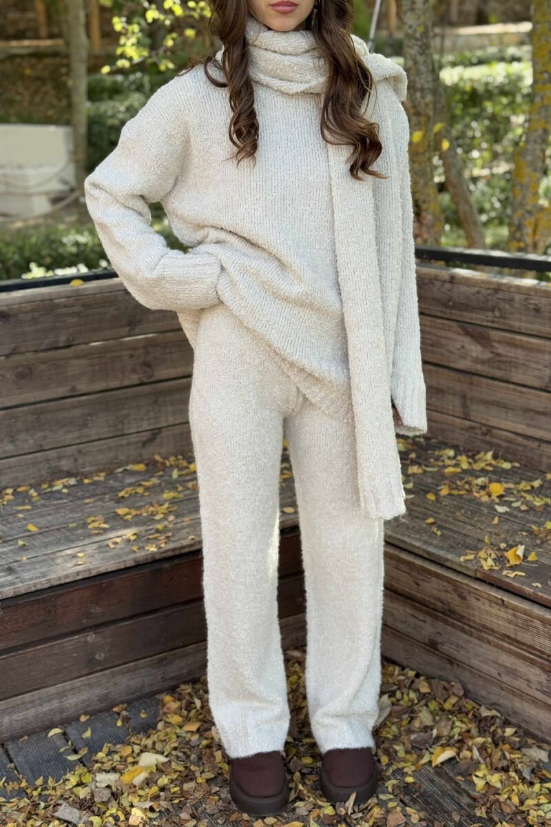SCARF+SWEATER+TROUSERS THREE PIECE KNIT WOMEN SET CREAM/KREM - 4