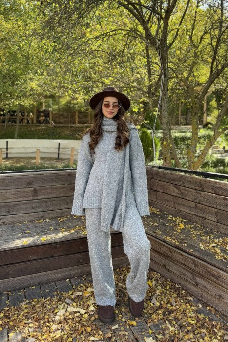 SCARF+SWEATER+TROUSERS THREE PIECE KNIT WOMEN SET GREY/GRI - 1