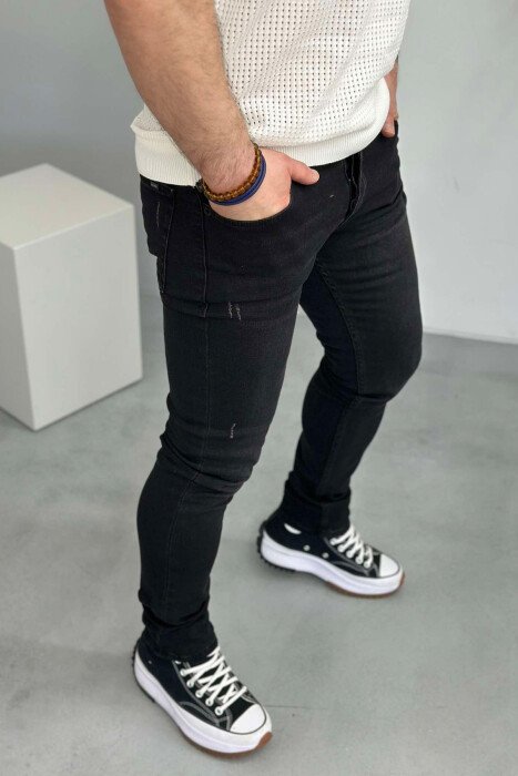 SCRATCHED ONE COLOR MEN JEANS BLACK/ E ZEZE - 3