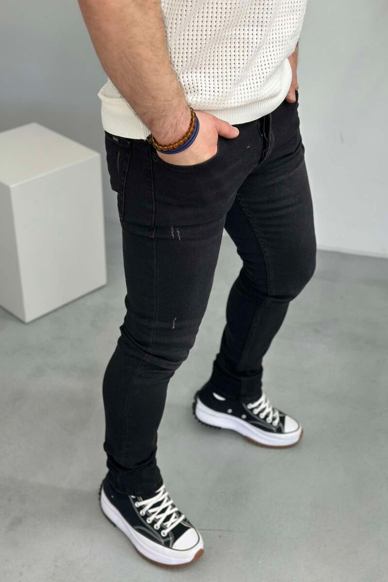SCRATCHED ONE COLOR MEN JEANS BLACK/ E ZEZE - 3