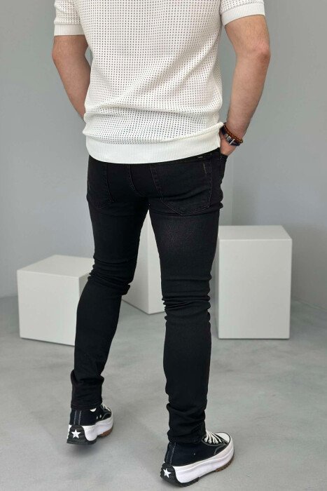 SCRATCHED ONE COLOR MEN JEANS BLACK/ E ZEZE - 4