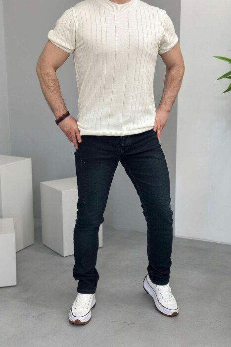 SCRATCHED ONE COLOR SIMPLE MEN JEANS DARK BLUE/BEE - 1