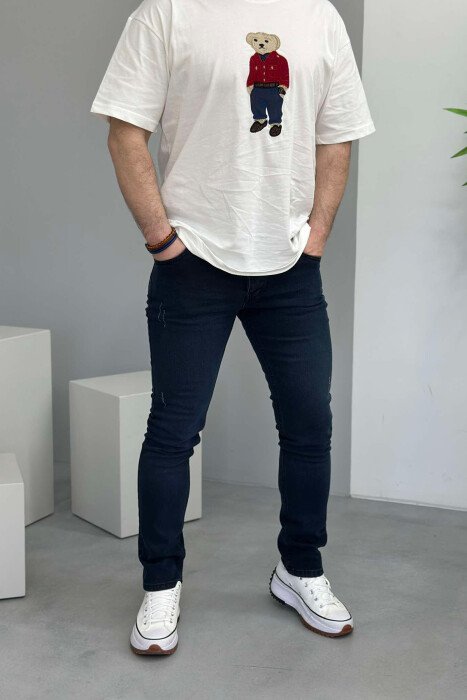 SCRATCHED SIMPLE MEN JEANS DARK BLUE/BEE - 1
