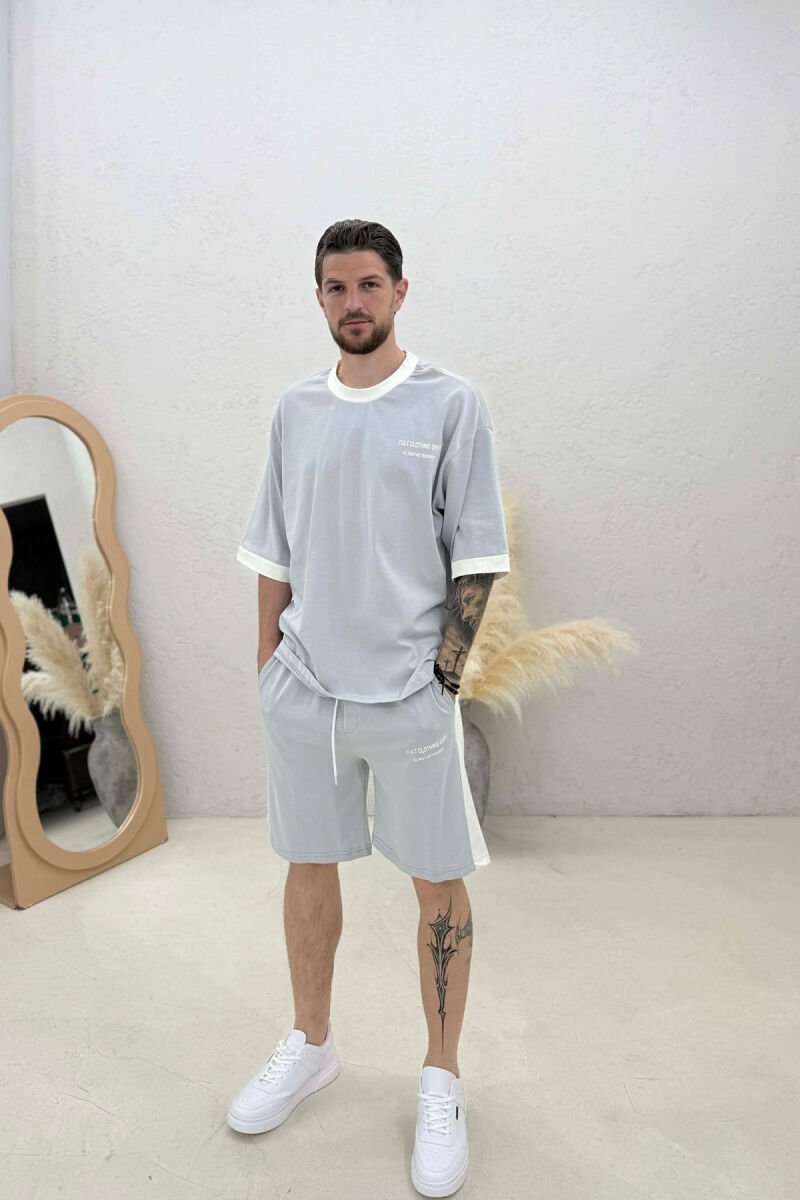 SET T-SHIRT ME SHKRIME + TUTA TE SHKURTRA PER MESHKUJ NE NGJYRE GRI TE ZBARDHUR - 1