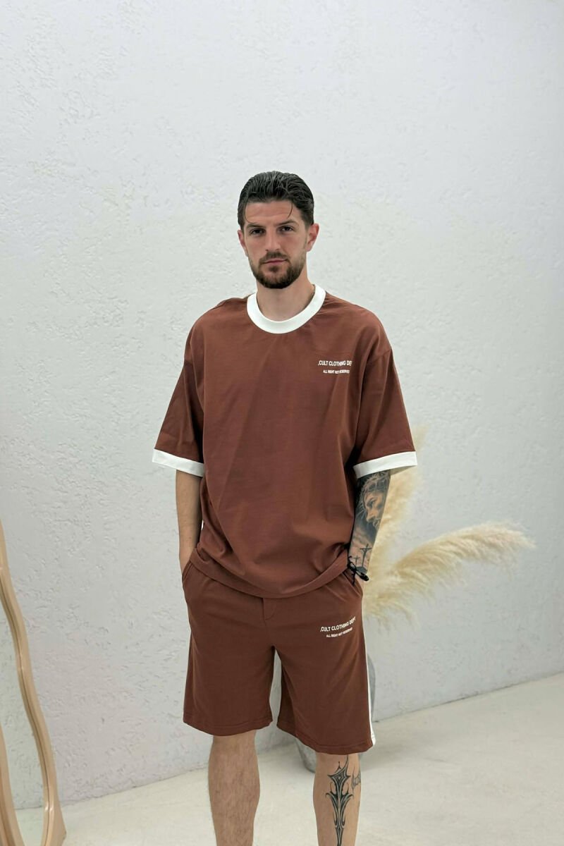 SET T-SHIRT ME SHKRIME + TUTA TE SHKURTRA PER MESHKUJ NE NGJYRE KAFE - 3