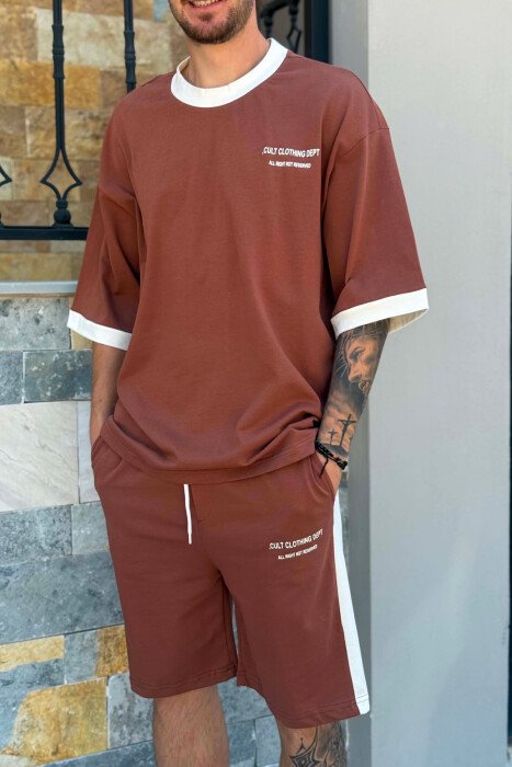 SET T-SHIRT ME SHKRIME + TUTA TE SHKURTRA PER MESHKUJ NE NGJYRE KAFE - 2