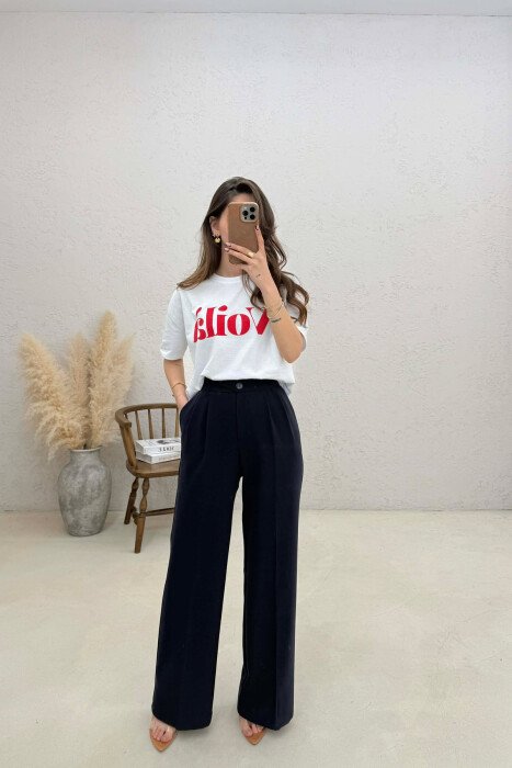 SEMI ELASTIC BELT WIDE LEG WOMAN TROUSERS BLUE/BLU - 1