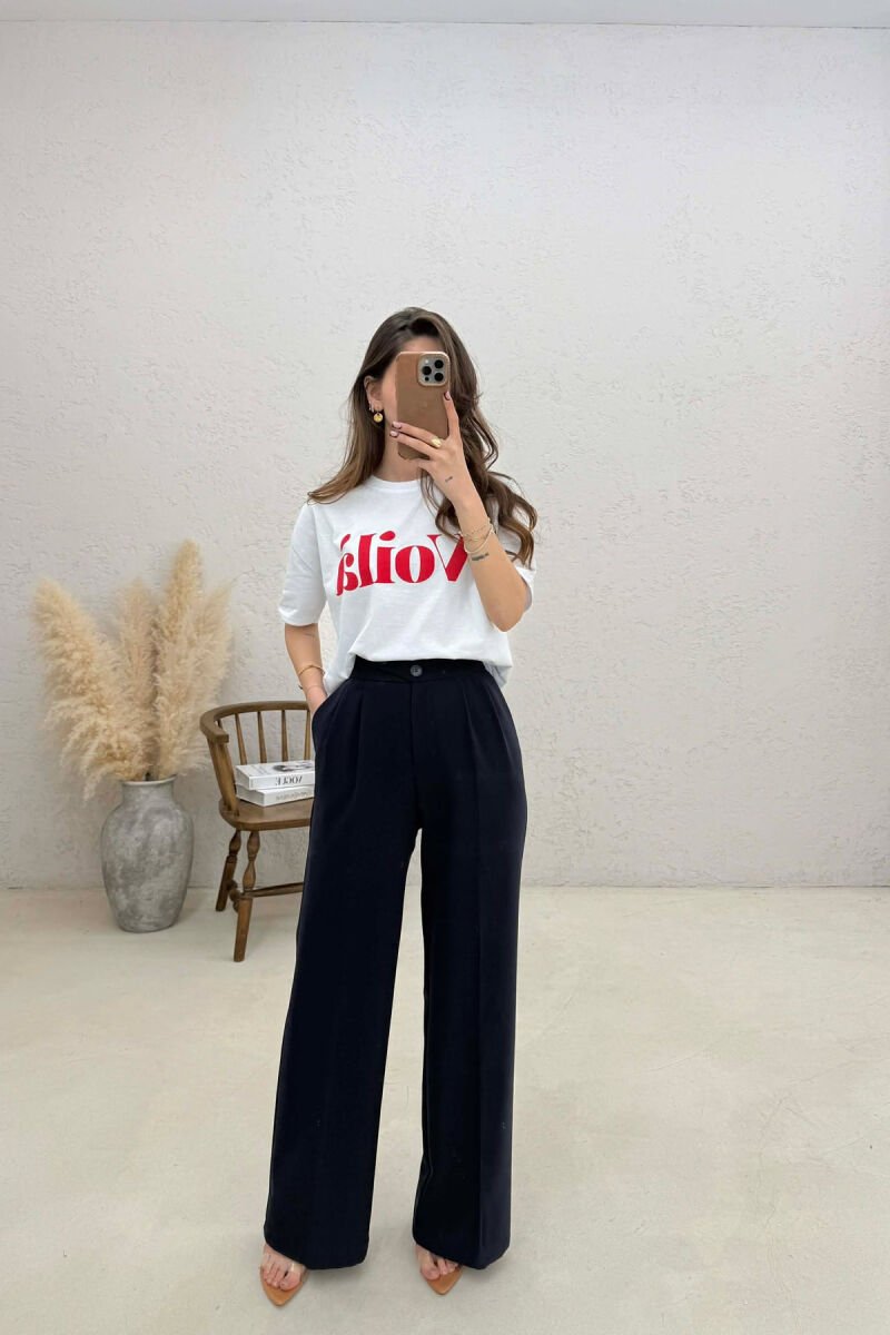 SEMI ELASTIC BELT WIDE LEG WOMAN TROUSERS BLUE/BLU - 1