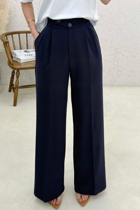 SEMI ELASTIC BELT WIDE LEG WOMAN TROUSERS BLUE/BLU - 3
