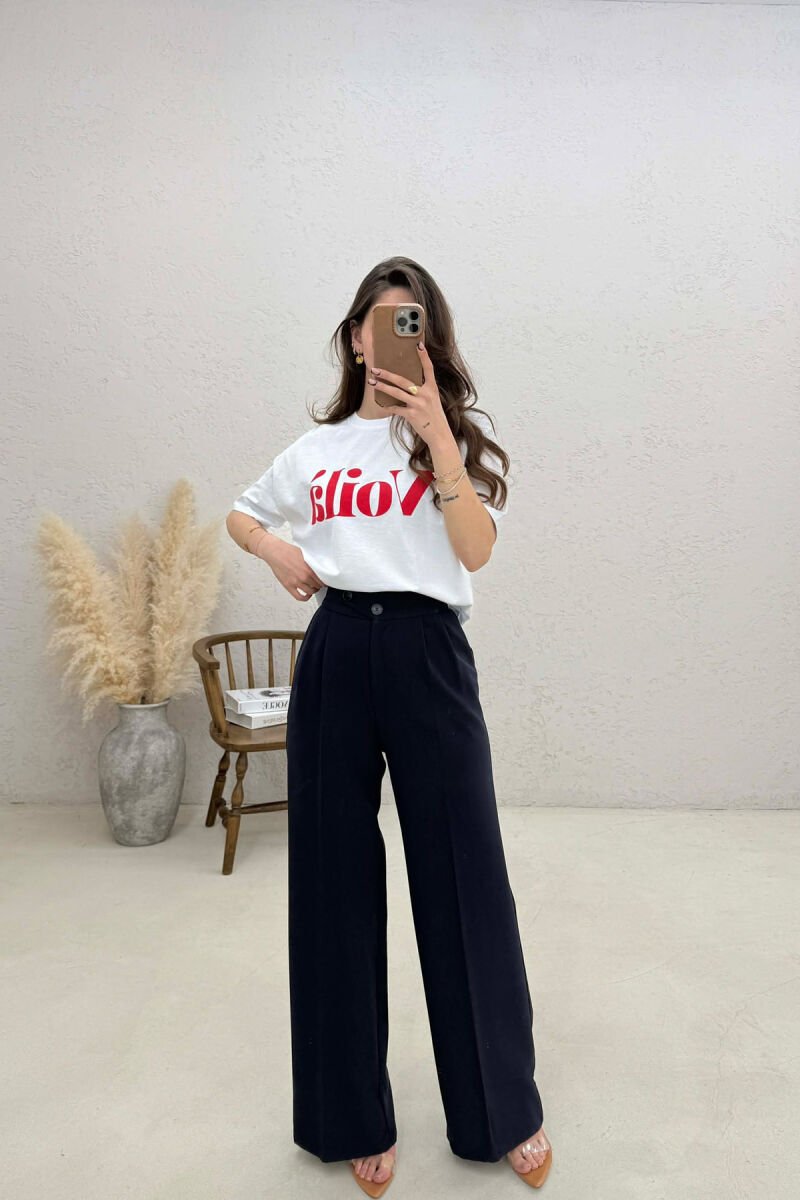 SEMI ELASTIC BELT WIDE LEG WOMAN TROUSERS BLUE/BLU - 4