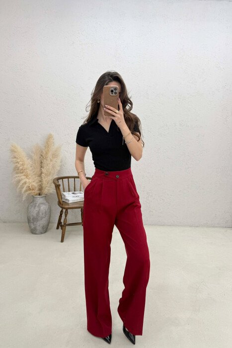 SEMI ELASTIC BELT WIDE LEG WOMAN TROUSERS BURGUNDY/VISHNJE - 2