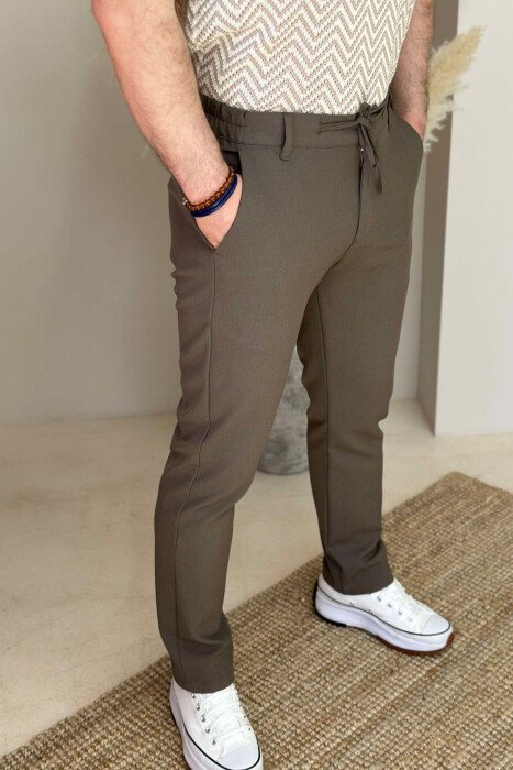 SEMI ELASTIC WAIST LACING DETAIL MEN PANTS BROWN/KAFE - 2