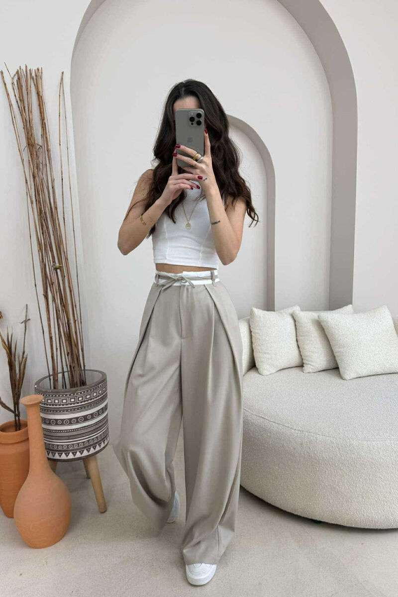 SEMI ELASTIC WAIST & LACING WOMEN TROUSERS BEIGE/BEZHE - 8