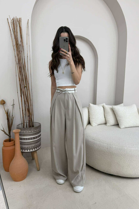 SEMI ELASTIC WAIST & LACING WOMEN TROUSERS BEIGE/BEZHE - 10