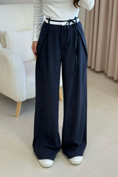 PANTALLONA ME BEL GJYSËM ELASTIK & LIDHËSE PËR FEMRA NË NGJYRËN BLU TË ERRËT - KLAUDIO FASHION