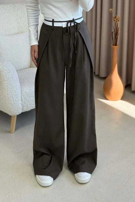 SEMI ELASTIC WAIST & LACING WOMEN TROUSERS DARK BROWN/KAE - 1