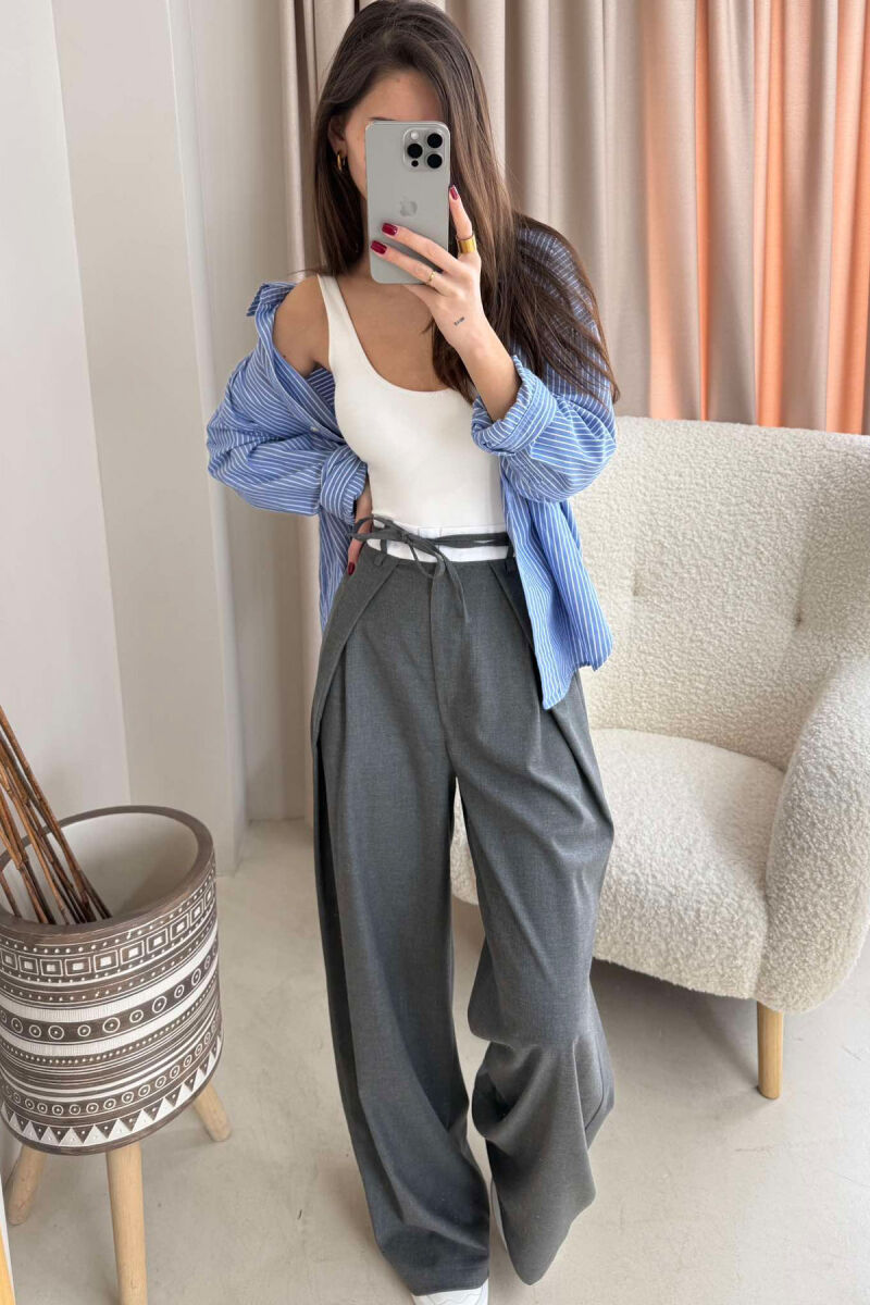 SEMI ELASTIC WAIST & LACING WOMEN TROUSERS GREY/GRI - 1