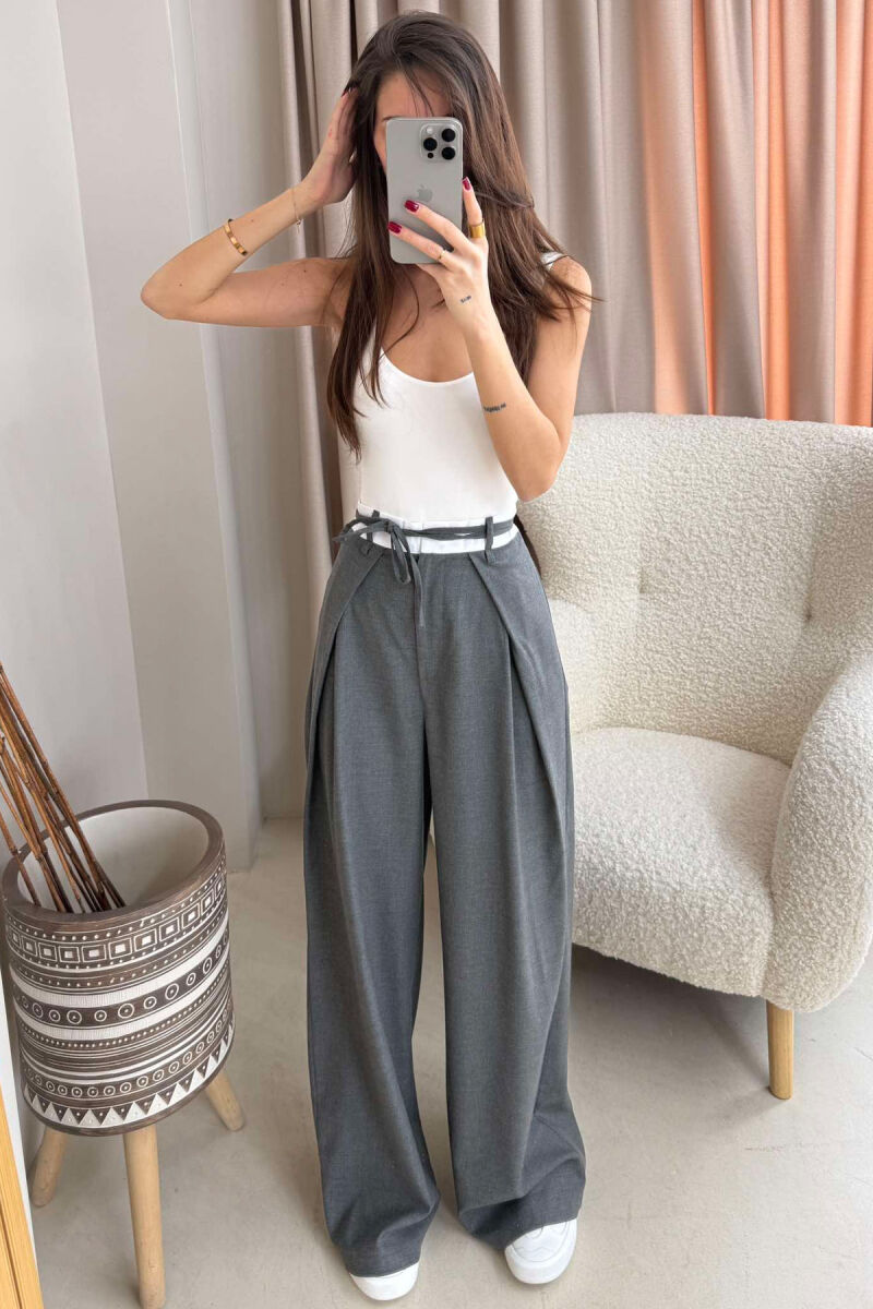 SEMI ELASTIC WAIST & LACING WOMEN TROUSERS GREY/GRI - 3