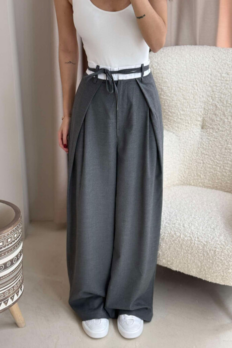 SEMI ELASTIC WAIST & LACING WOMEN TROUSERS GREY/GRI - 5