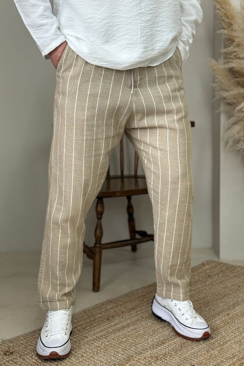 SEMI ELASTIC WAIST LACINGS STRIPES MEN PANTS BEIGE/BEZHE - 2