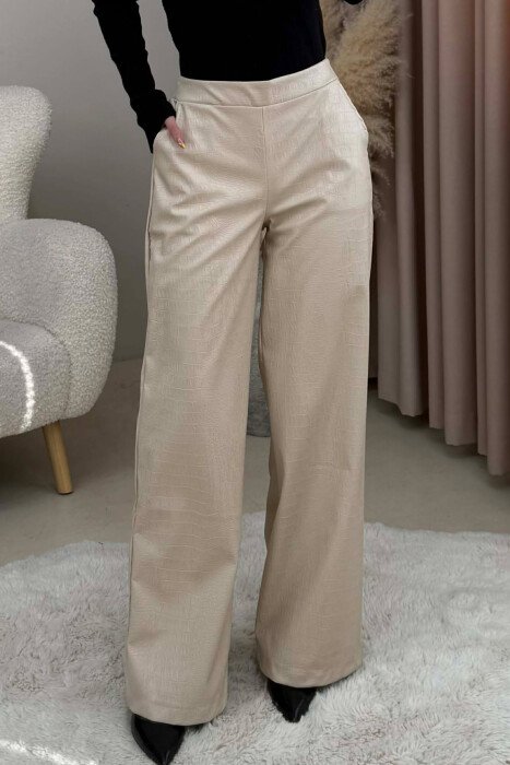 SEMI ELASTIC WAIST LEATHER WOMEN TROUSERS CREAM/KREM 