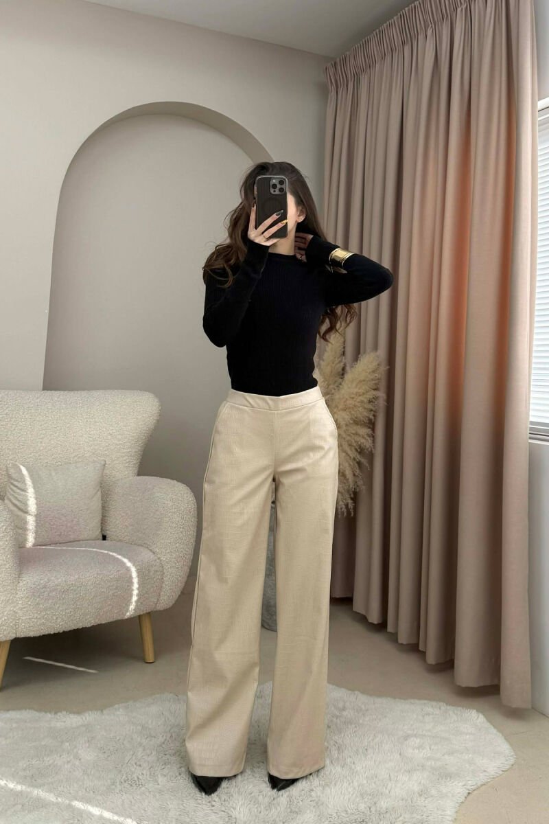 SEMI ELASTIC WAIST LEATHER WOMEN TROUSERS CREAM/KREM - 3