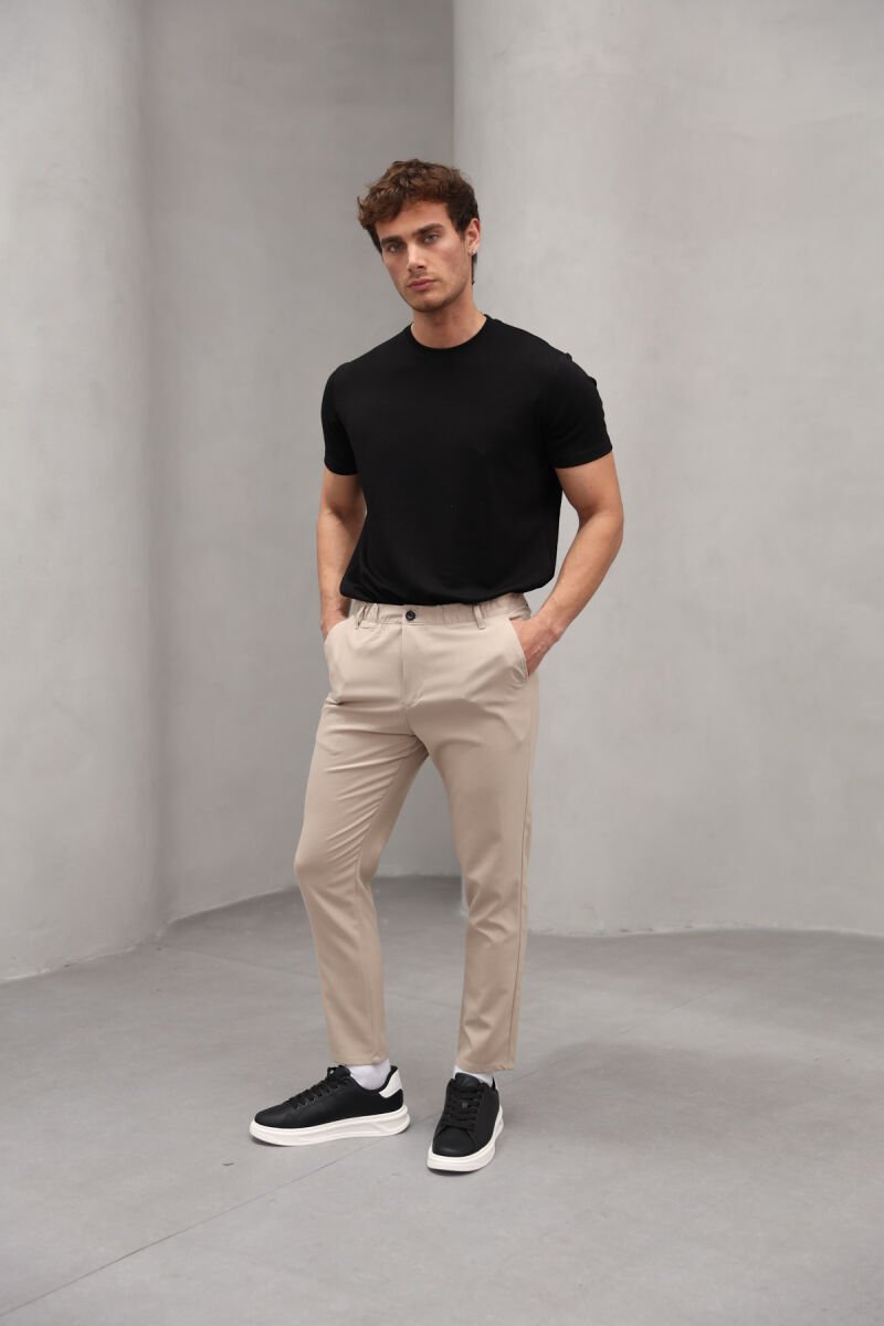 SEMI ELASTIC WAIST ONE COLOR MEN PANTS BEIGE/BEZHE - 3