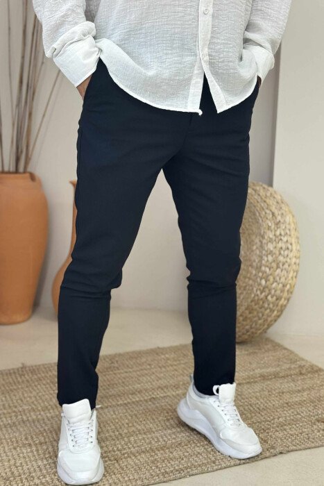 SEMI ELASTIC WAIST ONE COLOR MEN PANTS DARK BLUE/BEE - 1