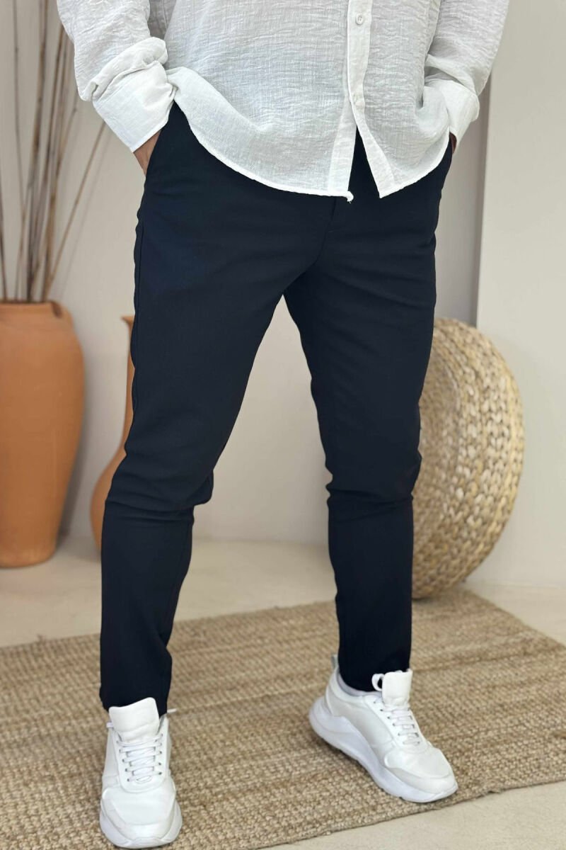 SEMI ELASTIC WAIST ONE COLOR MEN PANTS DARK BLUE/BEE - 1