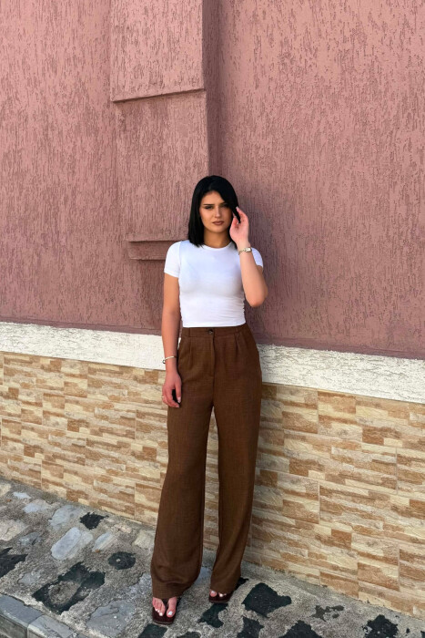 SEMI ELASTIC WAIST ONE COLOR WOMAN TROUSERS BROWN/KAFE 