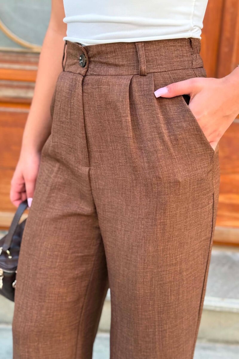 SEMI ELASTIC WAIST ONE COLOR WOMAN TROUSERS BROWN/KAFE - 5