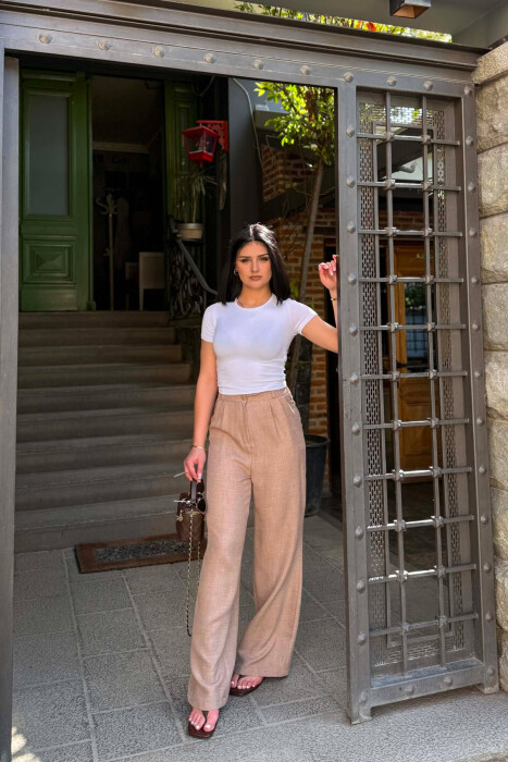 SEMI ELASTIC WAIST ONE COLOR WOMAN TROUSERS DARK BEIGE/BEZHE ERRET - KLAUDIO FASHION
