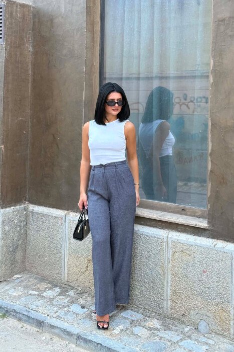 SEMI ELASTIC WAIST ONE COLOR WOMAN TROUSERS DARK GREY/GEE - 1