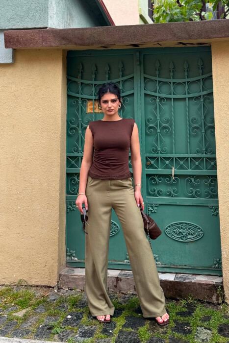 SEMI ELASTIC WAIST ONE COLOR WOMAN TROUSERS GREEN/JESHILE 