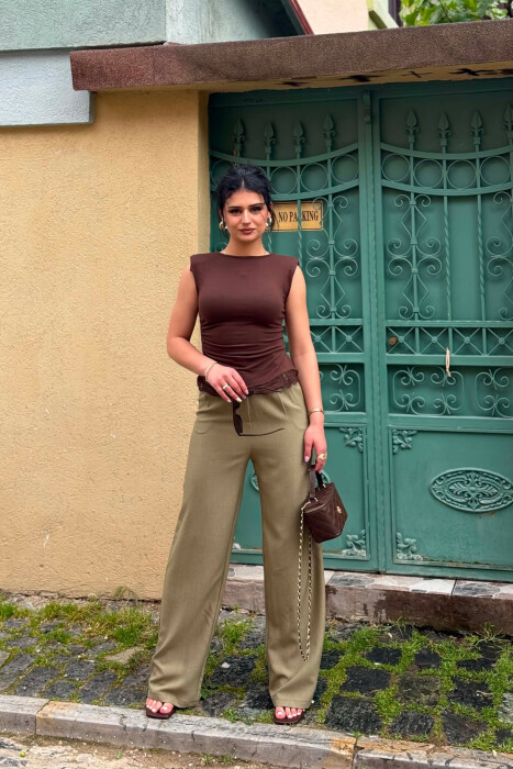 SEMI ELASTIC WAIST ONE COLOR WOMAN TROUSERS GREEN/JESHILE - 3