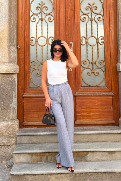 SEMI ELASTIC WAIST ONE COLOR WOMAN TROUSERS GREY/GRI - 6