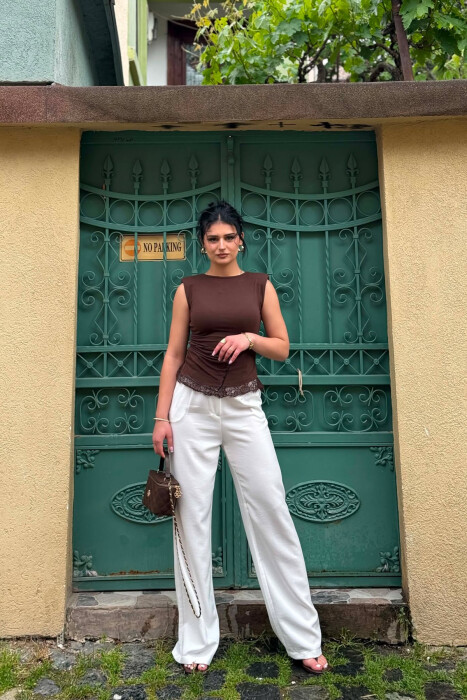 SEMI ELASTIC WAIST ONE COLOR WOMAN TROUSERS WHITE-E BARDHE 