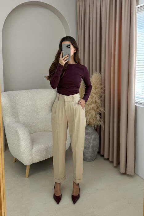 SEMI ELASTIC WAIST ONE COLOR WOMEN TROUSERS BEIGE/BEZHE - KLAUDIO FASHION
