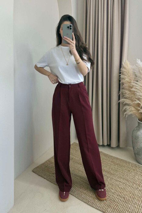SEMI ELASTIC WAIST ONE COLOR WOMEN TROUSERS BURGUNDY/VISHNJE 