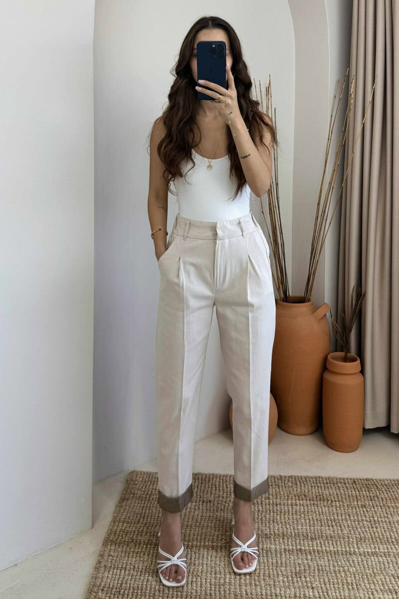 SEMI ELASTIC WAIST ONE COLOR WOMEN TROUSERS CREAM/KREM - 5