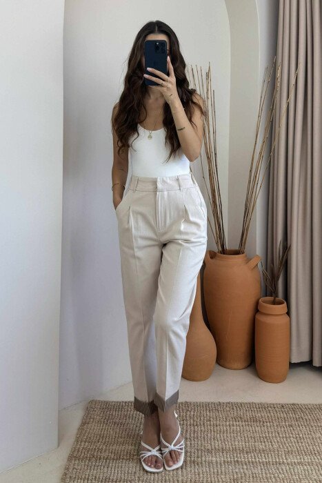 SEMI ELASTIC WAIST ONE COLOR WOMEN TROUSERS CREAM/KREM - 6