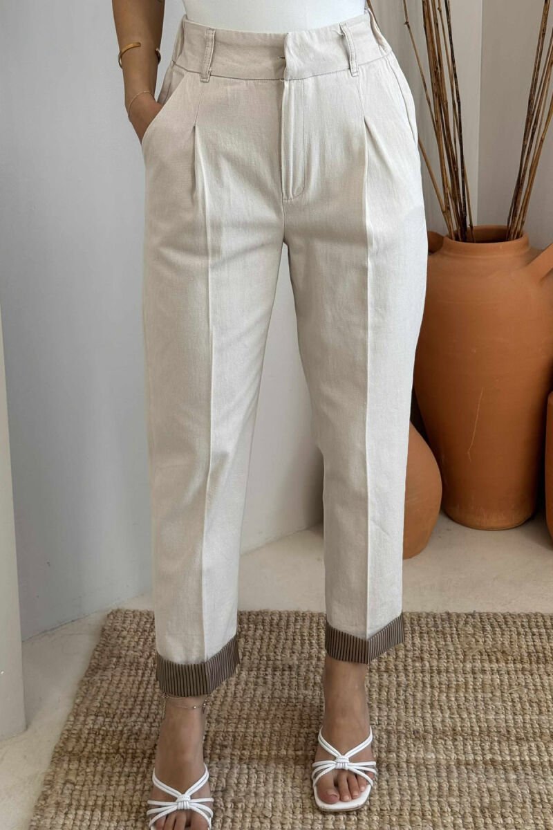 SEMI ELASTIC WAIST ONE COLOR WOMEN TROUSERS CREAM/KREM - 7