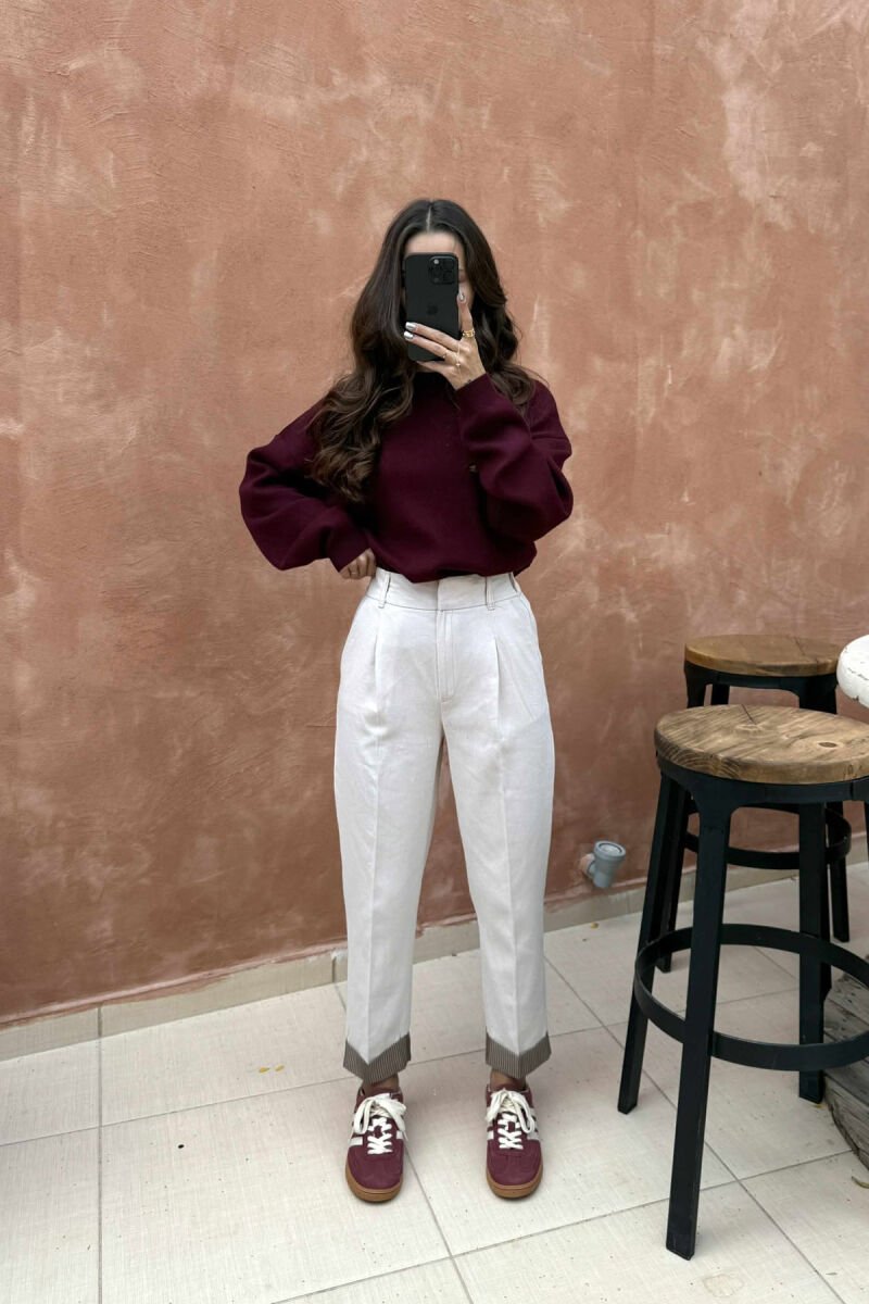 SEMI ELASTIC WAIST ONE COLOR WOMEN TROUSERS CREAM/KREM - 2